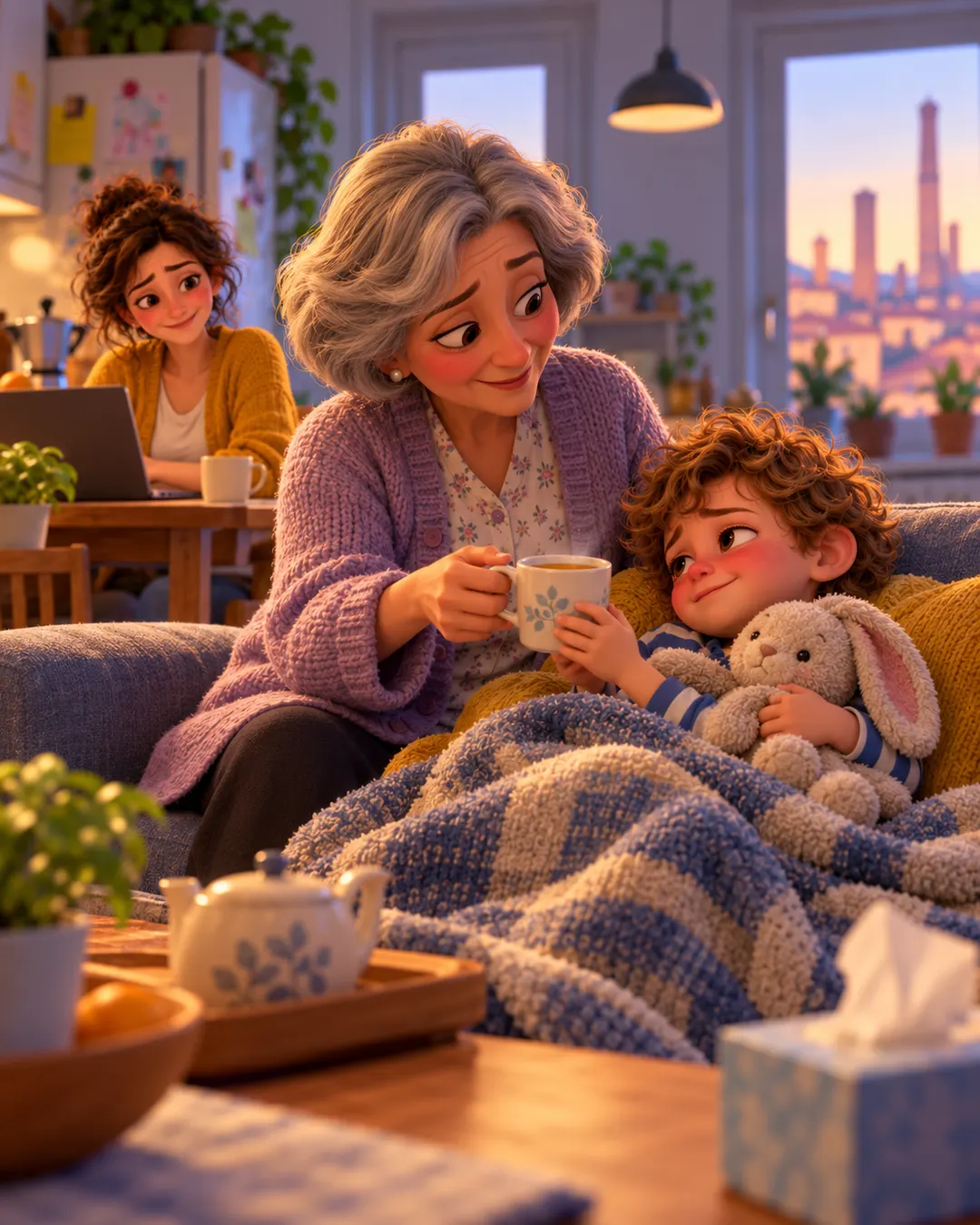 Il bambino con la febbre sul divano con la vicina, la mamma lavora tranquilla