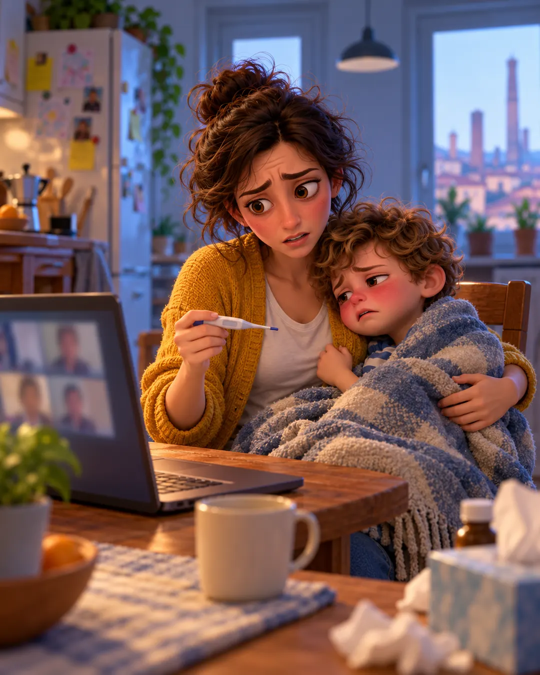 La mamma in videochiamata col bambino con la febbre in braccio