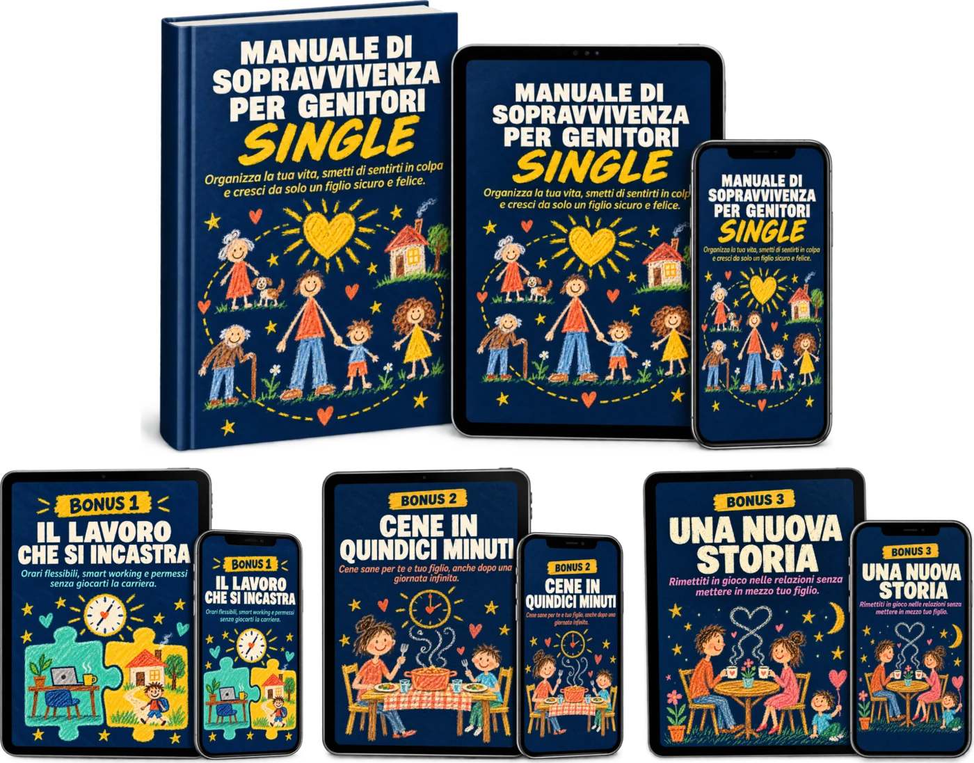 Il pacchetto completo: il manuale e i tre bonus, su libro, tablet e telefono