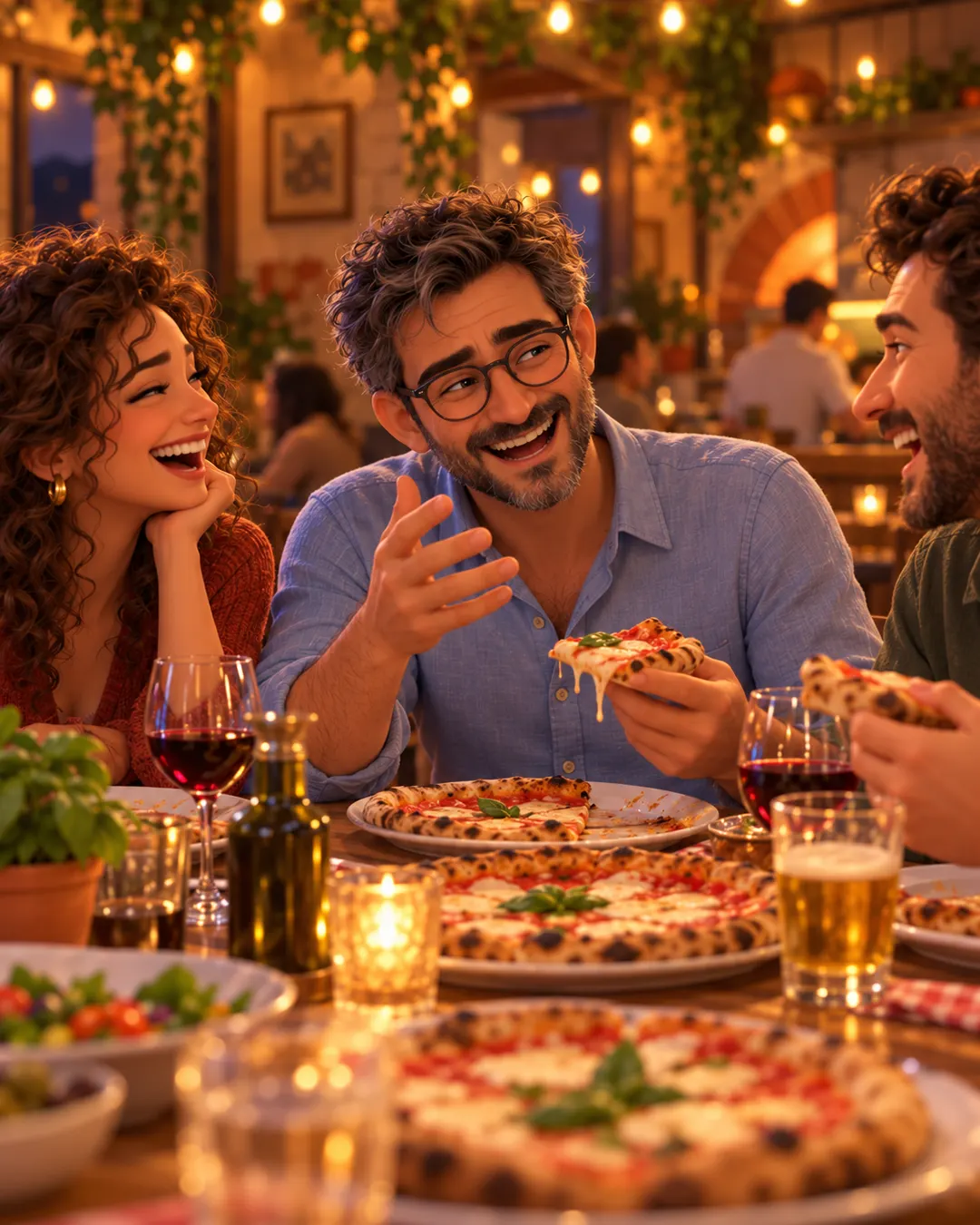 Un papà single ride a cena in pizzeria con due amici