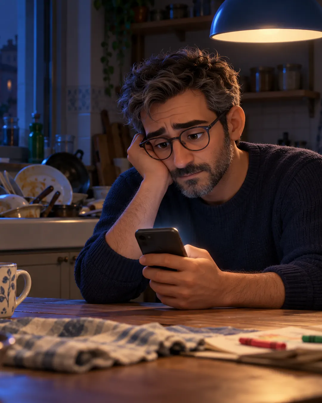 Un papà single solo al tavolo della cucina la sera