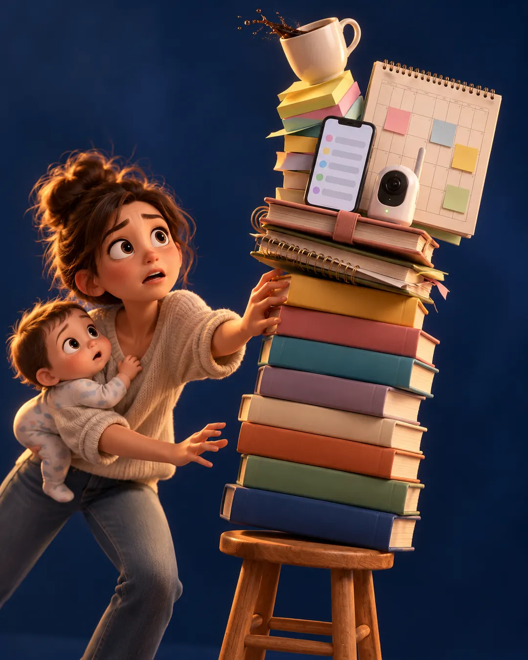 Una torre traballante di libri sui figli, agende e telefono che sta per cadere